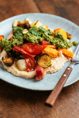 Roasted Vegetables on Butter Bean Hummus with Zhoug