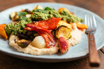 Roasted Vegetables on Butter Bean Hummus with Zhoug