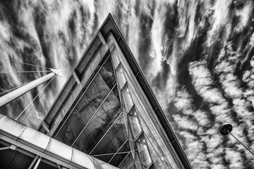 Viewing up an exhibition hall in Lisbon's Parque das Nacoes fairground, Portugal