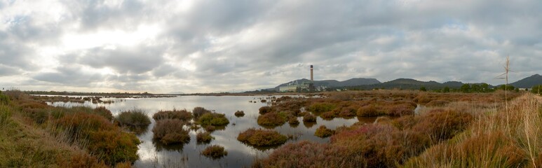 Fototapeta premium panoramic view of salt lake, mallorca lagoon, ornithological center, cloudy day, breaking the background, Es Murterar thermal power plant, majorca spain