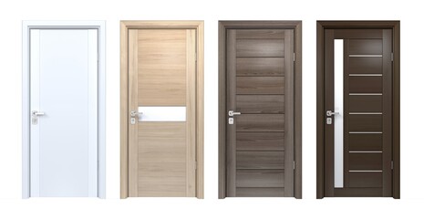 Modern design set of high resolution wooden texture house doors.  Front closed view of pine, oak, wenge wood 3D home entrances isolated on white