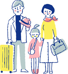 困った表情の家族　家族旅行