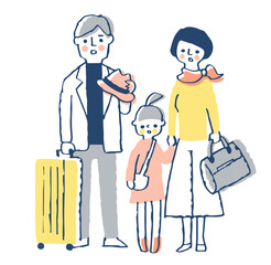 困った表情の家族　家族旅行