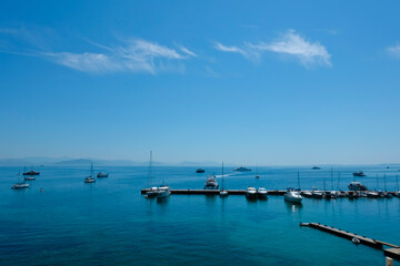 Fototapeta na wymiar Sea view on marina with yachts, stock photo. View on the marina at Corfu City, Corfu Island, Greece