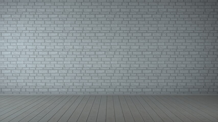White stone brick wall and plank wood floor background. 3D illustration