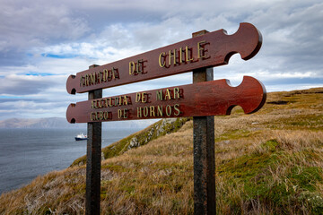 Antarctica - December 05, 2016. Chilean Navy - Mayorship of the Sea - Cape Horn entry sign on Cape Horn Island in the south of Chile