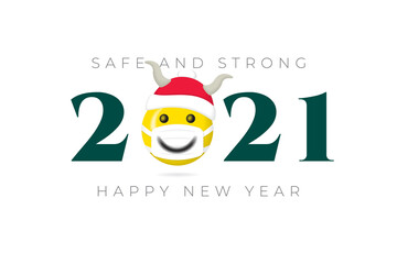 2021 Logo with Halftone Style Smiling Face Wearing Santa Hat with Ox Horns and Protected with Medical Mask Safe New Year Concept - Multicolor on White Background - Mixed Graphic Design