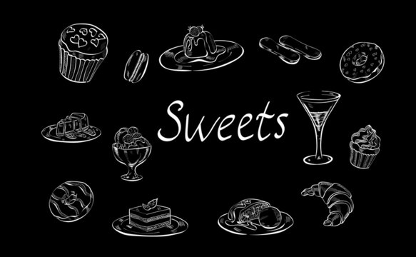 sweets, candy, bakery, ice cream, croissant line art vector chalk banner isolated on dark. Concept for banner, menu, cards