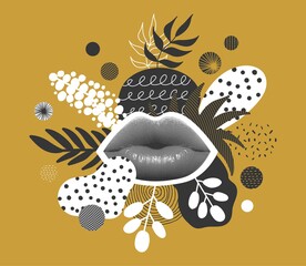 Abstract modern vector digital collage poster with lips and liquid circles shape with doodle element on background. Creative template for banner, fashion industry, design events, post in social media.
