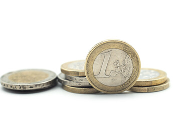 Closeup of euro coins on white background