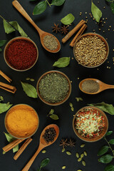 Obraz na płótnie Canvas Wide variety spices and herbs on background of black table