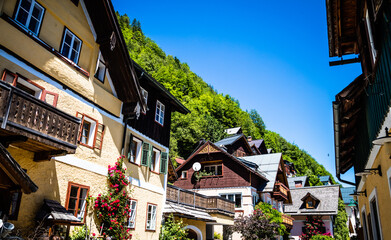 Naklejka premium Old houses in Hallstatt, famous ancient village in Austria
