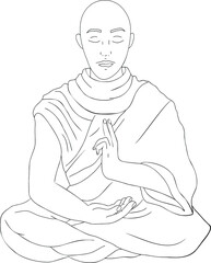 A Buddhist monk sitting in the lotus position and doing mudras with his hands. Vector illustration, outline, coloring, icon, logo