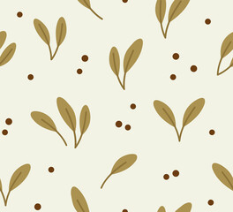 Seamless pattern of seeds and seedlings isolated on a beige background. Concept of healthy eating, springtime gardening, farming. Hand-drawn set in flat style.