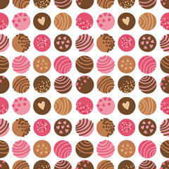 Seamless pattern with round chocolates, sweets, candies with glaze, nuts and sprinkles. Brown and pink colors. Vector Valentines Day background for wrapping paper, wrapper, packaging, cards, fabric.