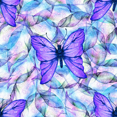 Watercolor seamless pattern, butterfly on abstract background

