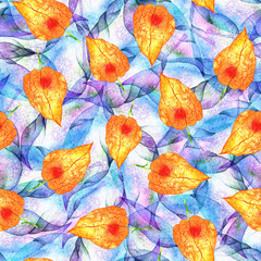 Watercolor seamless pattern - Physalis on violet texture background