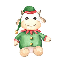 Watercolor illustration of a soft toy bull in an elf costume