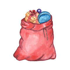 Watercolor illustration of a Christmas gift bag on a white background