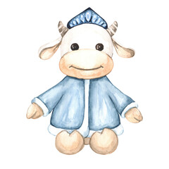 Watercolor illustration of a soft toy cow in a snow maiden costume.