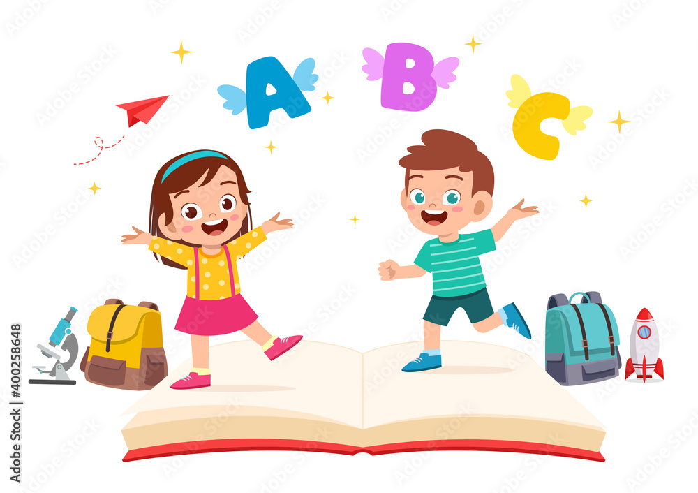 Wall mural happy cute little kid boy and girl with book and letter