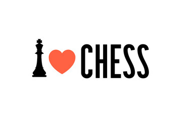 I love chess. Illustration of mad love to chess. The king figure and the heart sign. Logo concept for souvenirs, badges, T-shirts, stickers and other things. For fans of the chess club.