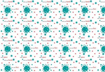 Fototapeta na wymiar Repetitive coronavirus pattern with text against a white background.