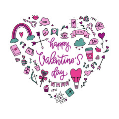 set of hand drawn Valentine's day doodles and lettering quote isolated on white background. Good for stickers, prints, icons, cliparts, signs, etc. EPS 10