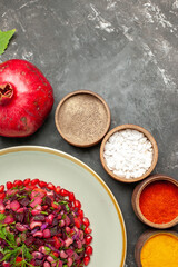 top view vinaigrette salad with seasonings on a dark background photo meal health