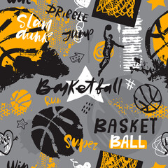 Seamless pattern for basketball. Hand drawing sport print, typography slogan. Print design for T-shirts. Sports background with text and ball for a boy. Sketch, grunge style.