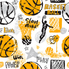 Hand-drawn basketball seamless pattern. Sports background with text, ball, hoop for a boy. Sport print, typography slogan. Print design for T-shirts.