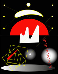 a bright abstract picture, poster on a black background with randomly arranged figures, half of a red circle, chaotic shapes create a collage and application in the style of conceptualism