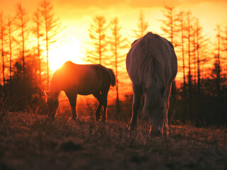 Naklejka premium 朝日と馬
