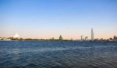 Dubai creek golf and yacht club, park hayatt hotel, D1 tower and other landmarks of Dubai. UAE