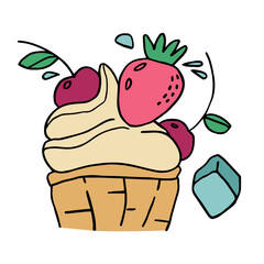 Vector illustration colored doodle on theme ice cream vanilla with strawberries, cherries, piece of ice. It can be used for packaging, interior design, web design, etc.