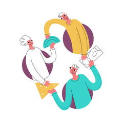 Vector illustration with concept of communication, information exchange, share, collaboration, work together. Share icon shows abstract people passing on ideas and solutions.