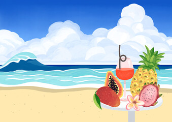 入道雲と海　トロピカルフルーツとカクテル　背景素材
