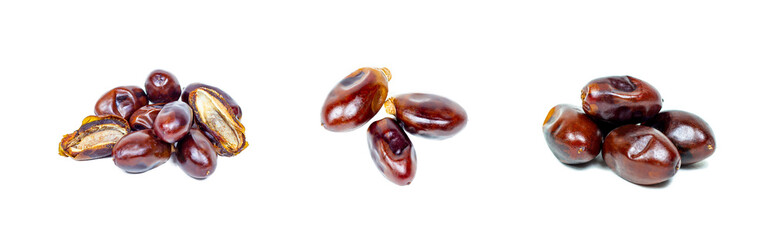 Sweet dried brown dates set isolated on white background.