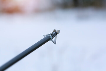 Detail  on the arrow to hunting bow . Winter landscape and copy space for text or description.