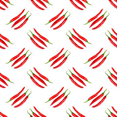 Red chili pepper repeat seamless pattern on white background.