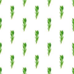 Fototapeta premium Fresh green rosemary leaves, twigs and branches seamless pattern on white background.
