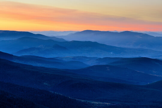 Ukraine, Zakarpattia region, Carpathians, Chornohora, Sunset over mountain Hoverla