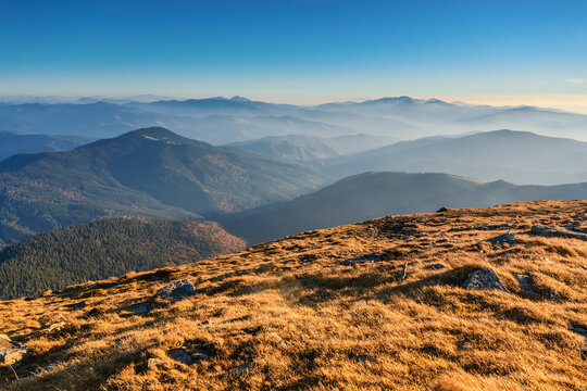 Ukraine, Zakarpattia region, Rakhiv district, Carpathians, Chornohora, Mountain landscape with mountain Hoverla and mountain Petros