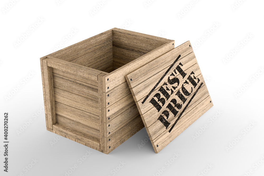 Aufkleber wooden crate with printed best price text on white background. 3d rendering