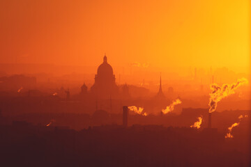 Aerial panoramic view of Saint-Petersburg, Russia, with St. Isaac's cathedral, the Winter Palace...