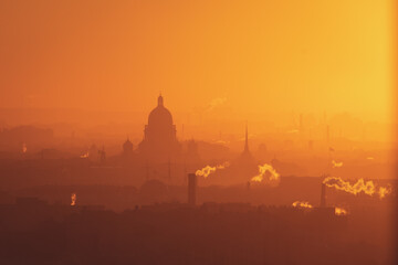 Aerial panoramic view of Saint-Petersburg, Russia, with St. Isaac's cathedral, the Winter Palace...