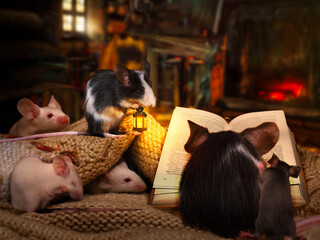 Cute mice reading a book in a cozy house. Concept of fairy tales for children, family happiness