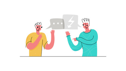 Vector flat illustration concept of swearing, arguing, competing men. Also shown are colloquial bubbles with abstract symbols of argument.