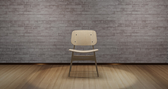 Modern chair Placed in the middle of the room With light shining from above Accommodation interior Warm scene with wooden floor pattern With space for products or 3D illustration text