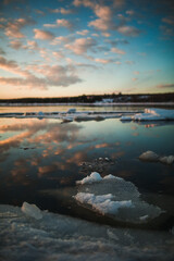 Ice floats on the river in spring.